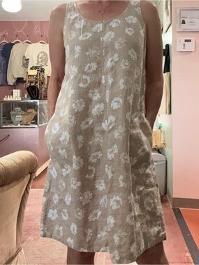 J Jill linen a line sleeveless taupe floral summer midi dress size small